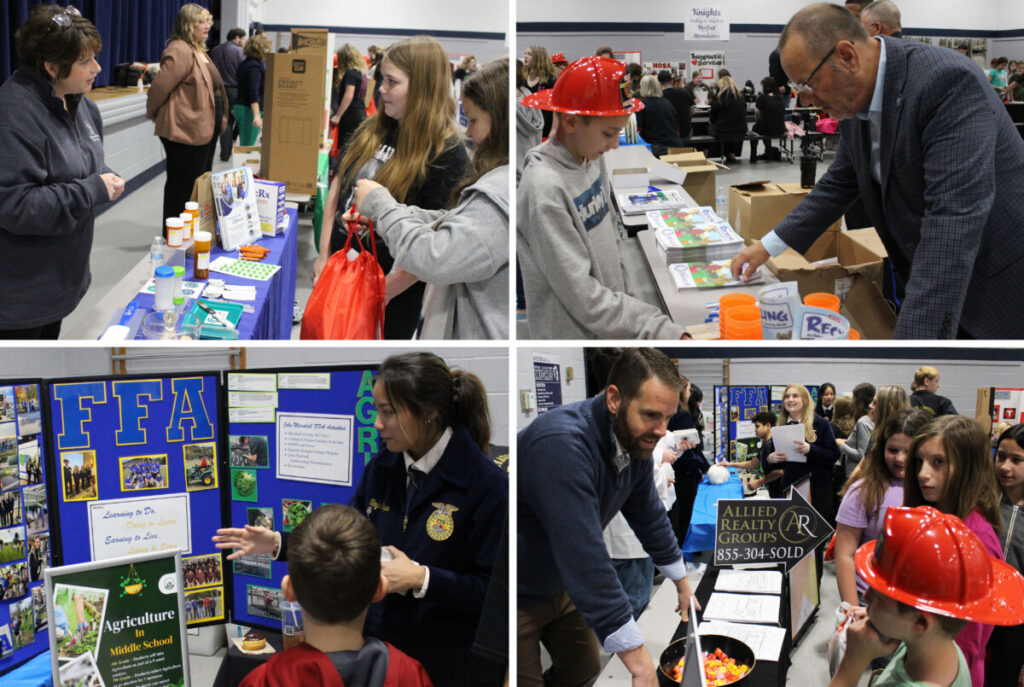 Collage of students talking to professionals at the career fair. 