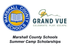 Marshall County Schools and Grand Vu logos with Marshall County Schools Summer Camp Scholarships written in black.